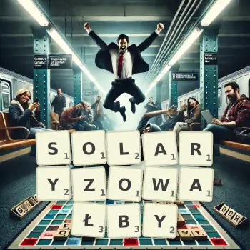 Kreatywna ilustracja do gry w Scrabble ze słowem SOLARYZOWAŁBY ułożonym z płytek na planszy.