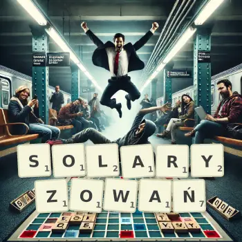 Kreatywna ilustracja do gry w Scrabble ze słowem SOLARYZOWAŃ ułożonym z płytek na planszy.