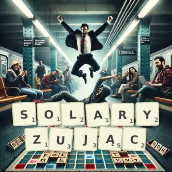 Kreatywna ilustracja do gry w Scrabble ze słowem SOLARYZUJĄC ułożonym z płytek na planszy.
