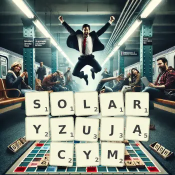 Kreatywna ilustracja do gry w Scrabble ze słowem SOLARYZUJĄCYM ułożonym z płytek na planszy.