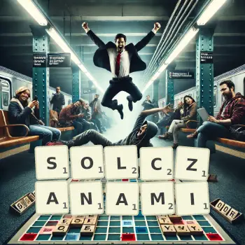 Kreatywna ilustracja do gry w Scrabble ze słowem SOLCZANAMI ułożonym z płytek na planszy.