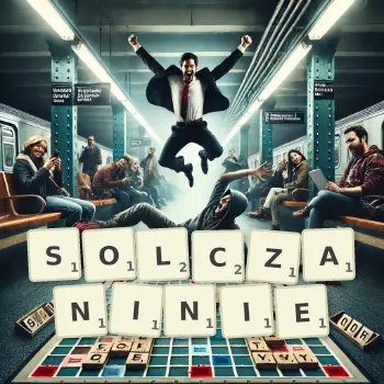 Kreatywna ilustracja do gry w Scrabble ze słowem SOLCZANINIE ułożonym z płytek na planszy.