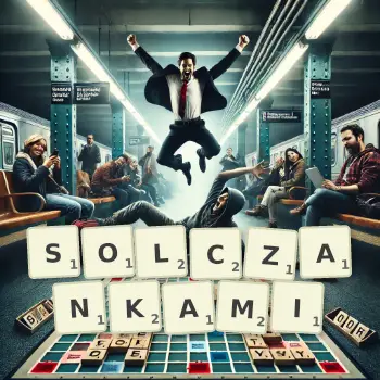 Kreatywna ilustracja do gry w Scrabble ze słowem SOLCZANKAMI ułożonym z płytek na planszy.