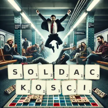 Kreatywna ilustracja do gry w Scrabble ze słowem SOLDACKOSCI ułożonym z płytek na planszy.