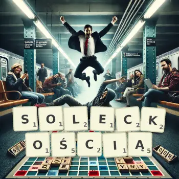 Kreatywna ilustracja do gry w Scrabble ze słowem SOLECKOŚCIĄ ułożonym z płytek na planszy.