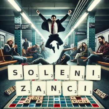 Kreatywna ilustracja do gry w Scrabble ze słowem SOLENIZANCI ułożonym z płytek na planszy.