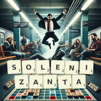 Kreatywna ilustracja do gry w Scrabble ze słowem SOLENIZANTA ułożonym z płytek na planszy.