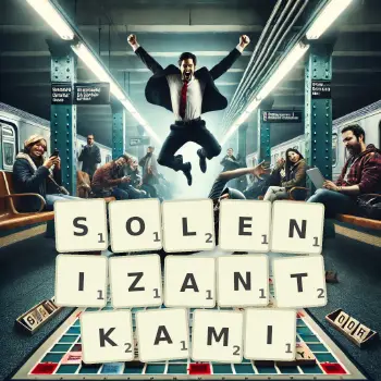 Kreatywna ilustracja do gry w Scrabble ze słowem SOLENIZANTKAMI ułożonym z płytek na planszy.