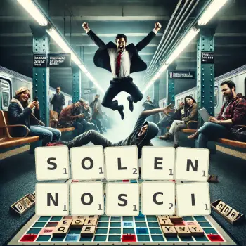 Kreatywna ilustracja do gry w Scrabble ze słowem SOLENNOSCI ułożonym z płytek na planszy.