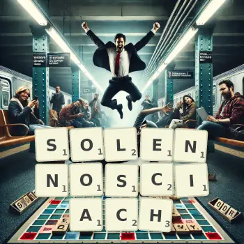 Kreatywna ilustracja do gry w Scrabble ze słowem SOLENNOSCIACH ułożonym z płytek na planszy.