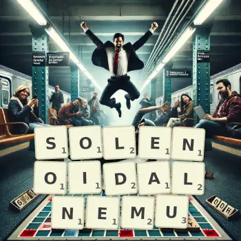 Kreatywna ilustracja do gry w Scrabble ze słowem SOLENOIDALNEMU ułożonym z płytek na planszy.