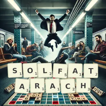 Kreatywna ilustracja do gry w Scrabble ze słowem SOLFATARACH ułożonym z płytek na planszy.