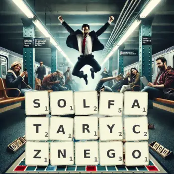 Kreatywna ilustracja do gry w Scrabble ze słowem SOLFATARYCZNEGO ułożonym z płytek na planszy.