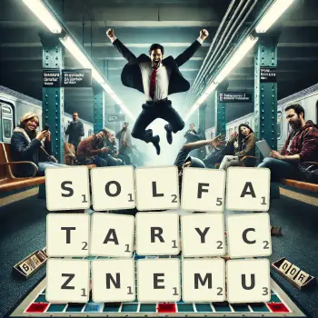 Kreatywna ilustracja do gry w Scrabble ze słowem SOLFATARYCZNEMU ułożonym z płytek na planszy.