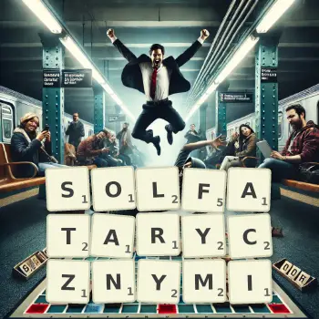 Kreatywna ilustracja do gry w Scrabble ze słowem SOLFATARYCZNYMI ułożonym z płytek na planszy.