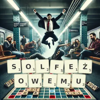 Kreatywna ilustracja do gry w Scrabble ze słowem SOLFEŻOWEMU ułożonym z płytek na planszy.