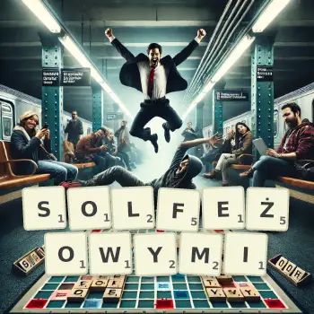 Kreatywna ilustracja do gry w Scrabble ze słowem SOLFEŻOWYMI ułożonym z płytek na planszy.