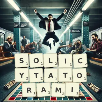 Kreatywna ilustracja do gry w Scrabble ze słowem SOLICYTATORAMI ułożonym z płytek na planszy.