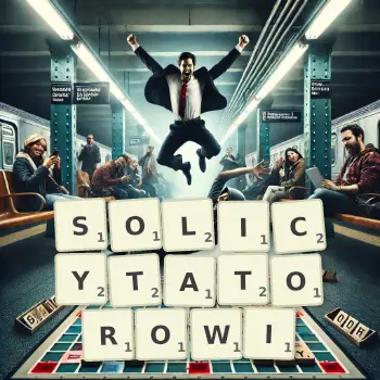 Kreatywna ilustracja do gry w Scrabble ze słowem SOLICYTATOROWI ułożonym z płytek na planszy.