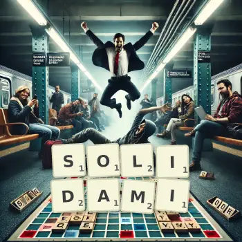 Kreatywna ilustracja do gry w Scrabble ze słowem SOLIDAMI ułożonym z płytek na planszy.