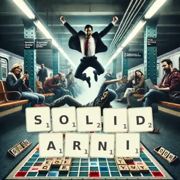 Kreatywna ilustracja do gry w Scrabble ze słowem SOLIDARNI ułożonym z płytek na planszy.