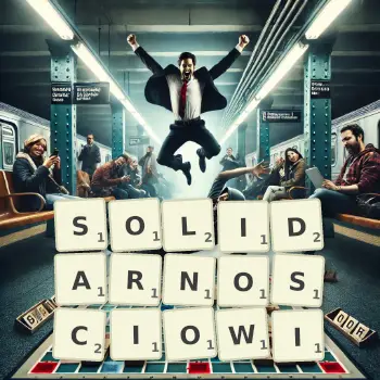 Kreatywna ilustracja do gry w Scrabble ze słowem SOLIDARNOSCIOWI ułożonym z płytek na planszy.