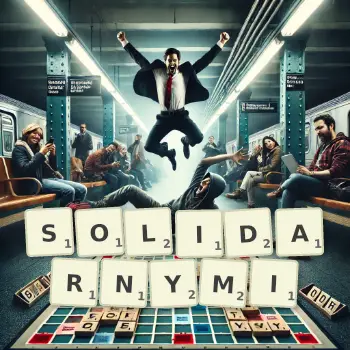 Kreatywna ilustracja do gry w Scrabble ze słowem SOLIDARNYMI ułożonym z płytek na planszy.