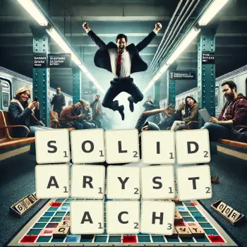 Kreatywna ilustracja do gry w Scrabble ze słowem SOLIDARYSTACH ułożonym z płytek na planszy.