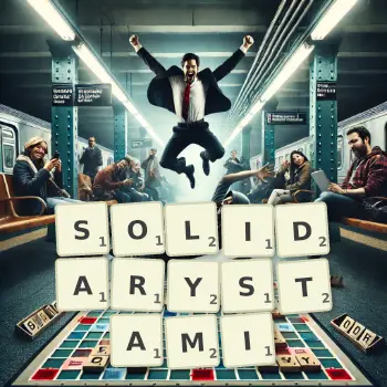 Kreatywna ilustracja do gry w Scrabble ze słowem SOLIDARYSTAMI ułożonym z płytek na planszy.