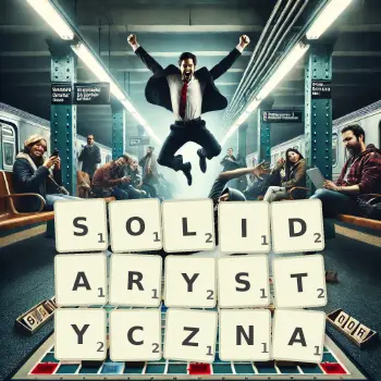 Kreatywna ilustracja do gry w Scrabble ze słowem SOLIDARYSTYCZNA ułożonym z płytek na planszy.