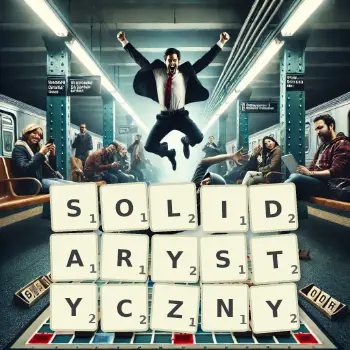 Kreatywna ilustracja do gry w Scrabble ze słowem SOLIDARYSTYCZNY ułożonym z płytek na planszy.