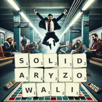 Kreatywna ilustracja do gry w Scrabble ze słowem SOLIDARYZOWALI ułożonym z płytek na planszy.