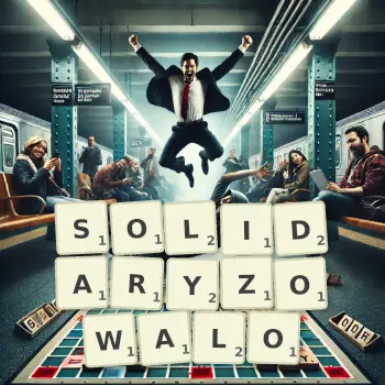 Kreatywna ilustracja do gry w Scrabble ze słowem SOLIDARYZOWALO ułożonym z płytek na planszy.