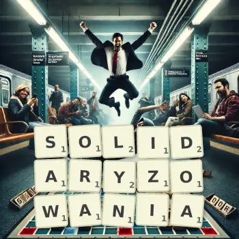 Kreatywna ilustracja do gry w Scrabble ze słowem SOLIDARYZOWANIA ułożonym z płytek na planszy.