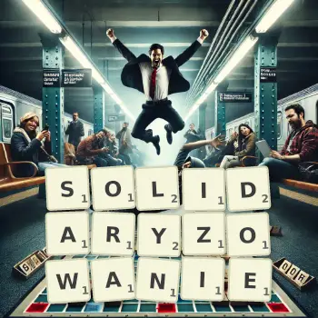 Kreatywna ilustracja do gry w Scrabble ze słowem SOLIDARYZOWANIE ułożonym z płytek na planszy.