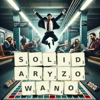 Kreatywna ilustracja do gry w Scrabble ze słowem SOLIDARYZOWANO ułożonym z płytek na planszy.