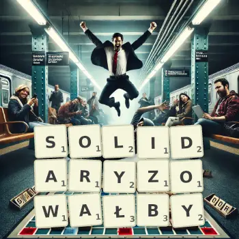Kreatywna ilustracja do gry w Scrabble ze słowem SOLIDARYZOWAŁBY ułożonym z płytek na planszy.