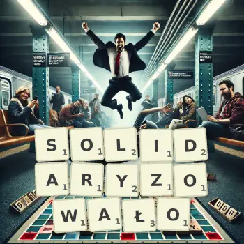 Kreatywna ilustracja do gry w Scrabble ze słowem SOLIDARYZOWAŁO ułożonym z płytek na planszy.