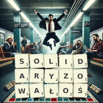 Kreatywna ilustracja do gry w Scrabble ze słowem SOLIDARYZOWAŁOŚ ułożonym z płytek na planszy.