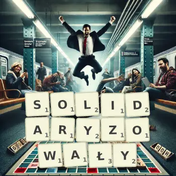 Kreatywna ilustracja do gry w Scrabble ze słowem SOLIDARYZOWAŁY ułożonym z płytek na planszy.