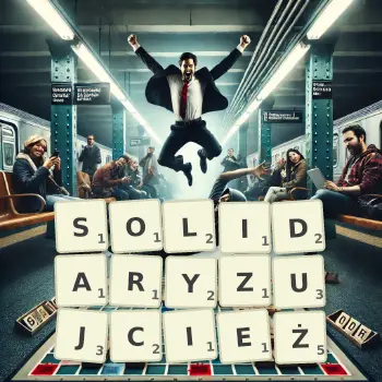 Kreatywna ilustracja do gry w Scrabble ze słowem SOLIDARYZUJCIEŻ ułożonym z płytek na planszy.