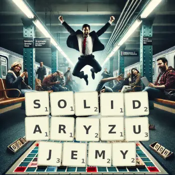 Kreatywna ilustracja do gry w Scrabble ze słowem SOLIDARYZUJEMY ułożonym z płytek na planszy.