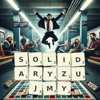 Kreatywna ilustracja do gry w Scrabble ze słowem SOLIDARYZUJMY ułożonym z płytek na planszy.