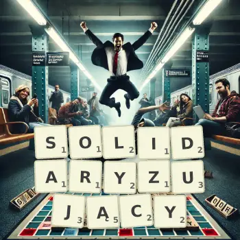 Kreatywna ilustracja do gry w Scrabble ze słowem SOLIDARYZUJĄCY ułożonym z płytek na planszy.