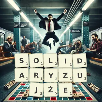 Kreatywna ilustracja do gry w Scrabble ze słowem SOLIDARYZUJŻE ułożonym z płytek na planszy.