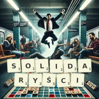 Kreatywna ilustracja do gry w Scrabble ze słowem SOLIDARYŚCI ułożonym z płytek na planszy.