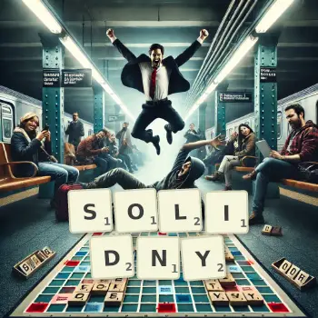 Kreatywna ilustracja do gry w Scrabble ze słowem SOLIDNY ułożonym z płytek na planszy.