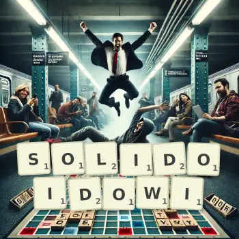 Kreatywna ilustracja do gry w Scrabble ze słowem SOLIDOIDOWI ułożonym z płytek na planszy.