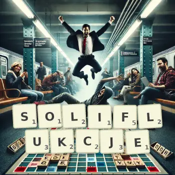 Kreatywna ilustracja do gry w Scrabble ze słowem SOLIFLUKCJE ułożonym z płytek na planszy.