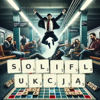 Kreatywna ilustracja do gry w Scrabble ze słowem SOLIFLUKCJĄ ułożonym z płytek na planszy.